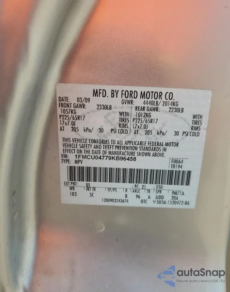 2009 Ford Escape Limited from USA, damaged, VIN 1FMCU04779KB96458